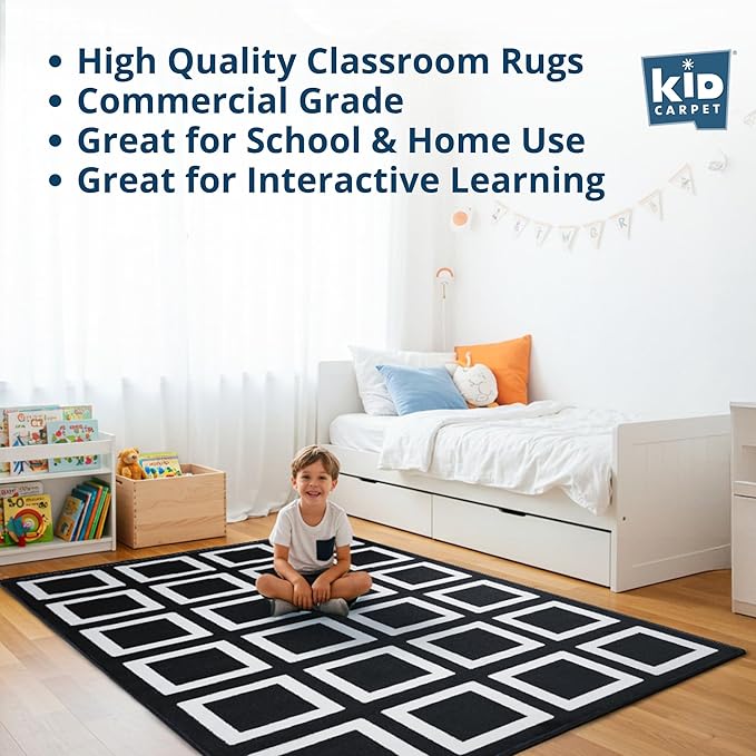 KIDCARPET.COM Black and White Squares Classroom Seating Rug 7'6" x 12' Rectangle, Educational Classroom Rug, Kids Learning Play Mat | Area Rug for Bedroom or Playroom