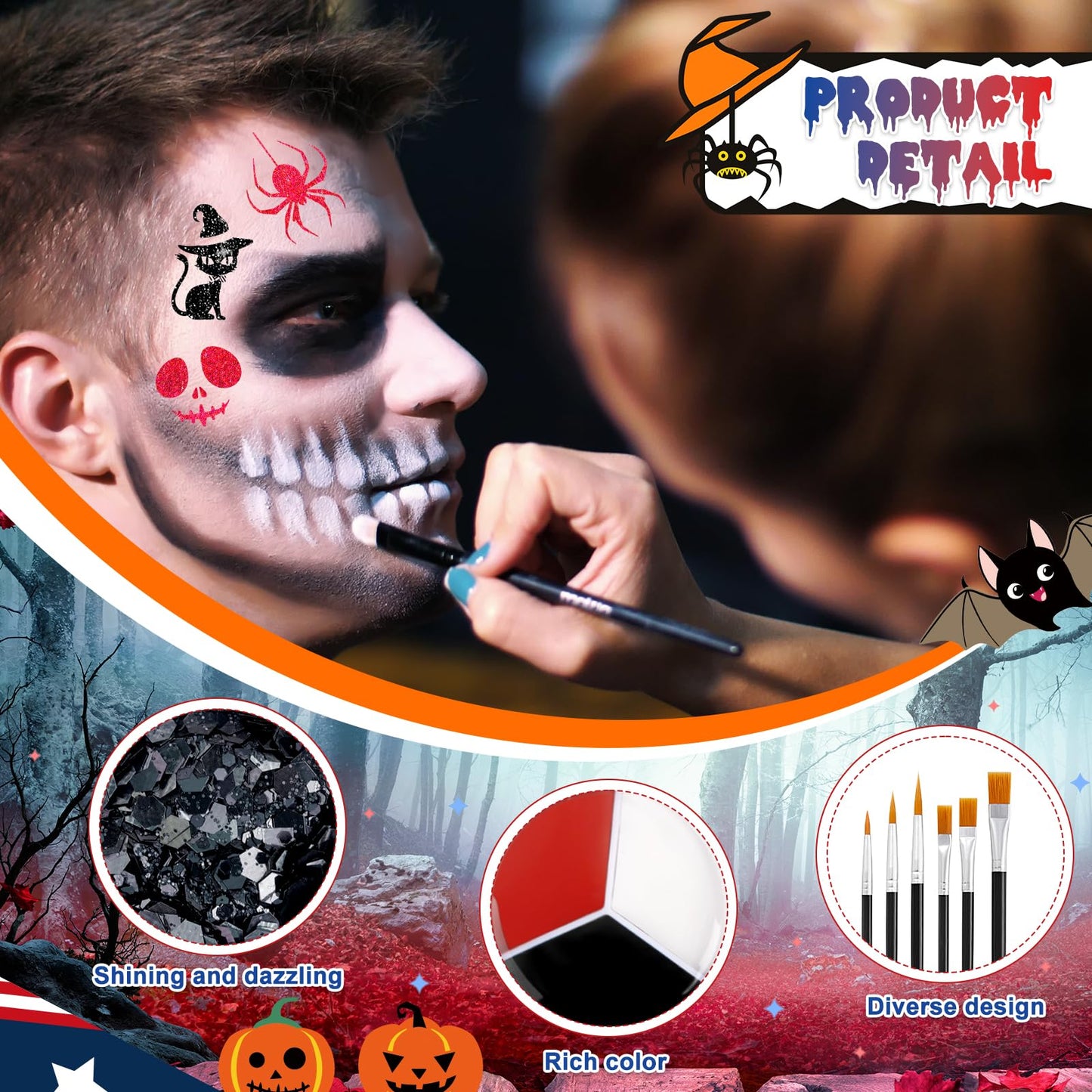 18 Pcs Halloween Face Paint Kit 3 Colors Red White Black Face Paint Kit with Glitter Stencil Makeup Brush for Halloween Cosplay