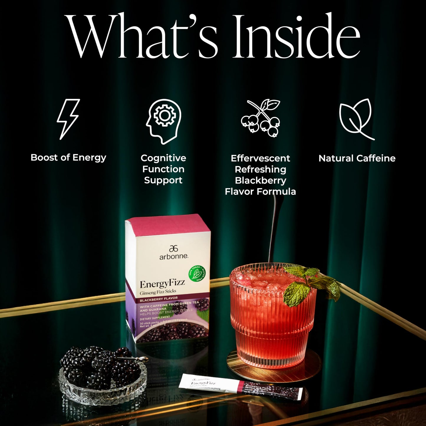 Arbonne Ginseng Energy Supplements - Blackberry Flavor Fizz Sticks, Energy Boost with Caffeine Powder from Guarana and Green Tea, Delicious Alternative to Caffeine Pills