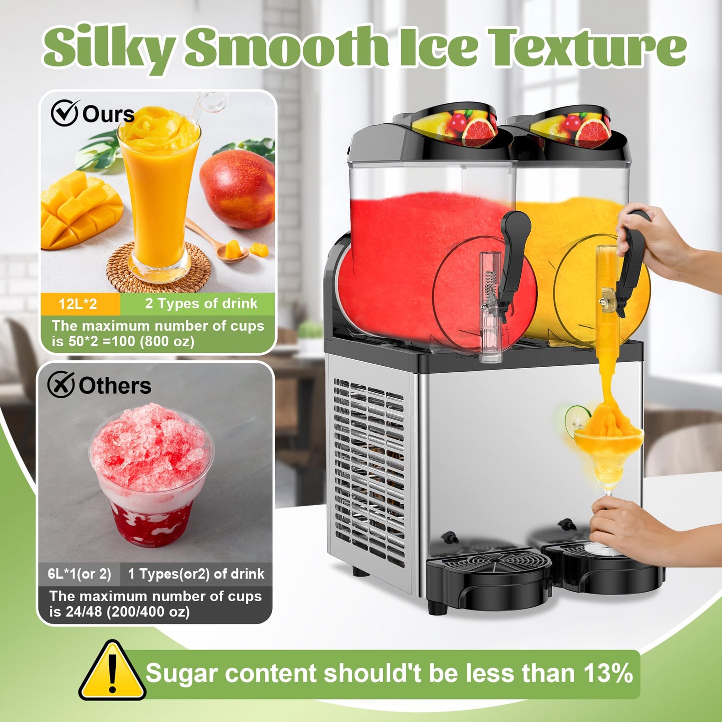 Commercial Slushie Machine 12Lx2 Tank, Slushy Machine Slush Maker 24L, Frozen Drink Maker for Cocktail Margarita Smoothie Milkshake, No Ice Needed, Restaurant Bar Cafés