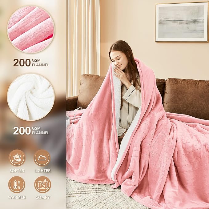Homemate Electric Heated Blanket Twin - 62"x84" Heating Bed Blankets Throw with 10 Heating Levels 8 Hours Auto Off Fast Heating Over-Heated Protection Ultra Soft Warm Flannel ETL Certified Pink