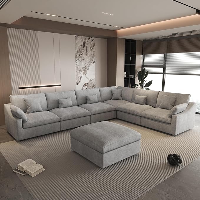 WJShome Cloud Couch for LivingRoom,153" U Shaped Modular Sectional Sofa with Ottoman,Down Filled 7 Seater Convertible Sleeper Sofa Bed Oversized Furniture Sets,Gray