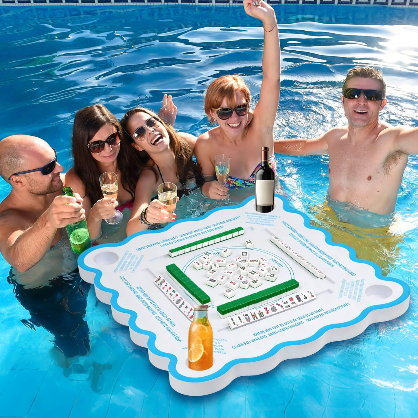 Mahjong Game Floating Table with Rules for Pool Double Side Poker Float Board for Card Games Scrabble Dominoes Mahjong Game Tray for Water Swimming Pool and Hot Tub Summer Beach Party Supplies