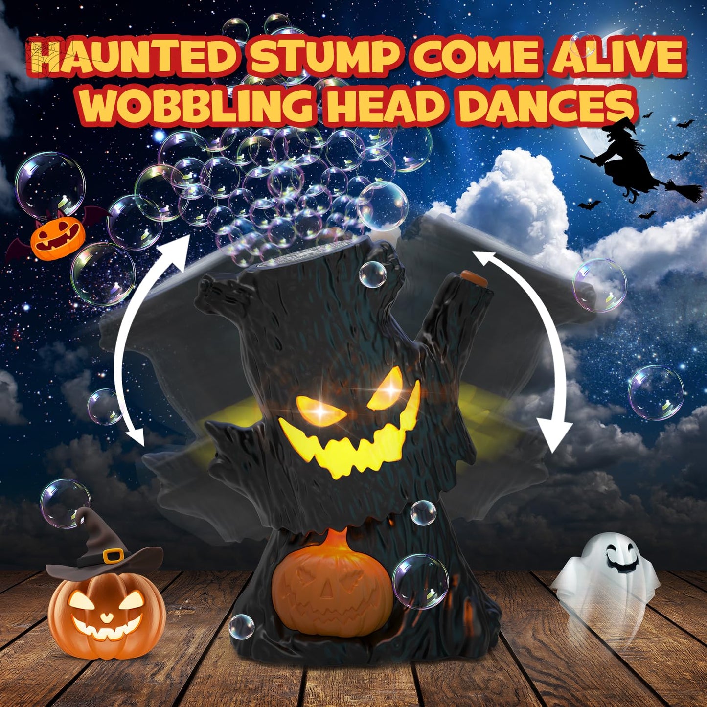 Halloween Bubble Machine, Haunted Stump Bubble Blower, USB Rechargeable, Wobbly Head Fun, Glow Eyes - Halloween Decorations Tree Toys Gifts for Kids, Boys, Girls