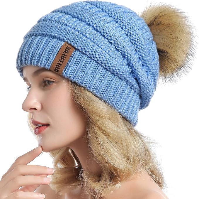 QUEENFUR Women Knit Slouchy Beanie Chunky Baggy Hat with Faux Fur Pompom Winter Soft Warm Ski Cap