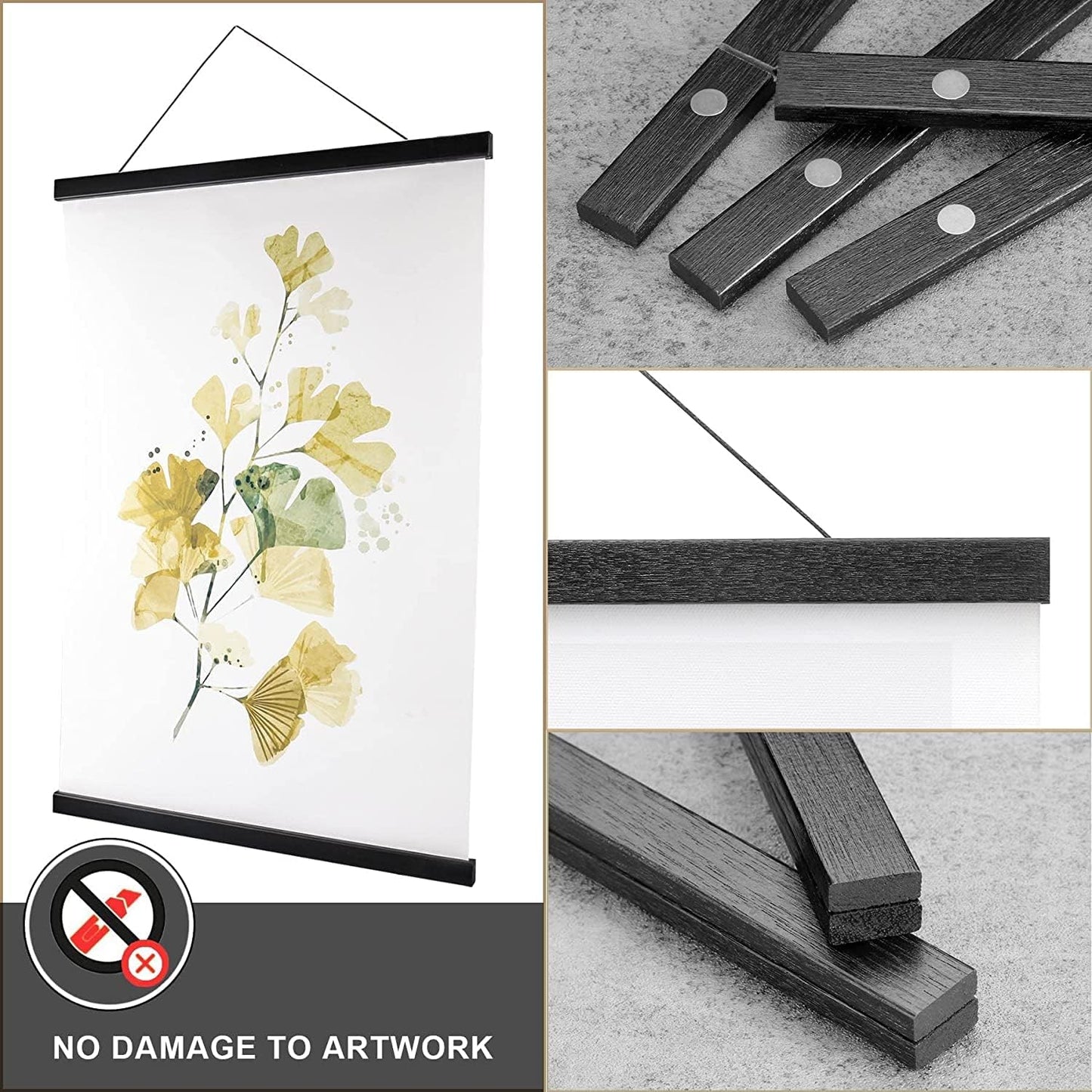 WITCOLOR Magnetic Poster Hanger, 30x20 30x30 30x40 Poster Frame Wood Wooden Magnet Print Posters Dowel Scroll Hanger Hangers Hanging Kit for Walls Map Canvas Artwork (Black, 30")
