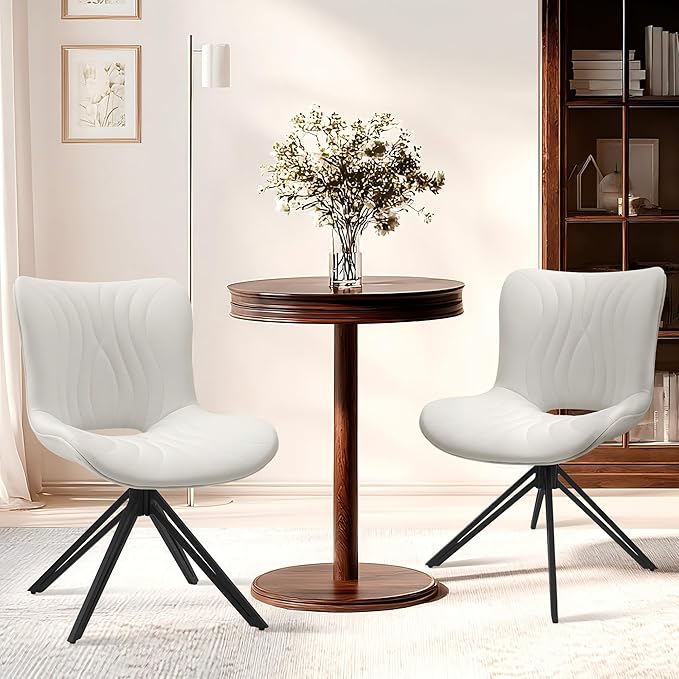 VATROS Dining Chairs Set of 4, 360° Swivel Upholstered Mid-Century Modern Kitchen Dining Room Chairs, Armless Faux Leather Accent Side Chair with Padded Back, Metal Legs for Living Room Bedrooms White
