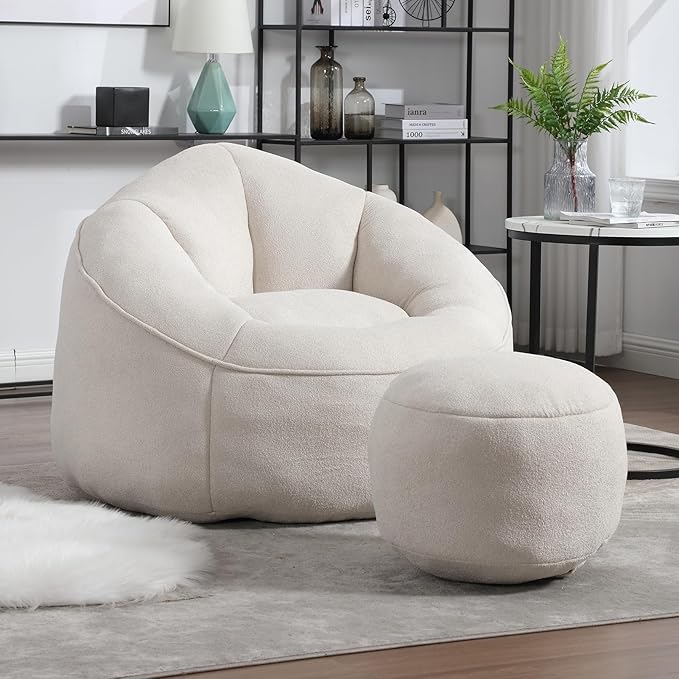 Bean Bag Chairs, Gaint Bean Bag Couch with Memory Foam for Adults and Kids, Microfiber Upholstered Sofa with Ottoman, Comfy Lazy Bean Bag Reading Chair for Living Room