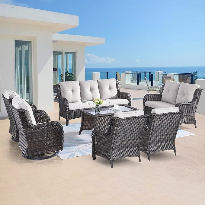 Belord Outdoor Wicker Furniture Patio Set - 7 Piece Backyard Furniture Brown Rattan Conversation Sets with Swivel Rocker Chairs, Rattan Sofa, Club Chairs and Coffee Table, Beige Cushion