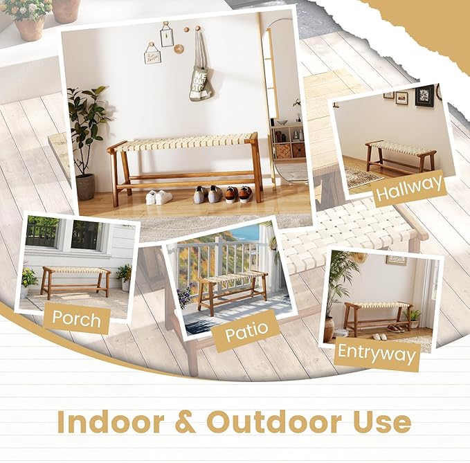 Tangkula Teak Wood Outdoor Bench, Patio Backless Wooden Dining Bench with Weave Seat, Solid Wood Legs, Indoor & Outdoor Wooden Bench for Porch, Backyard, Deck, Entryway (Natural,2)