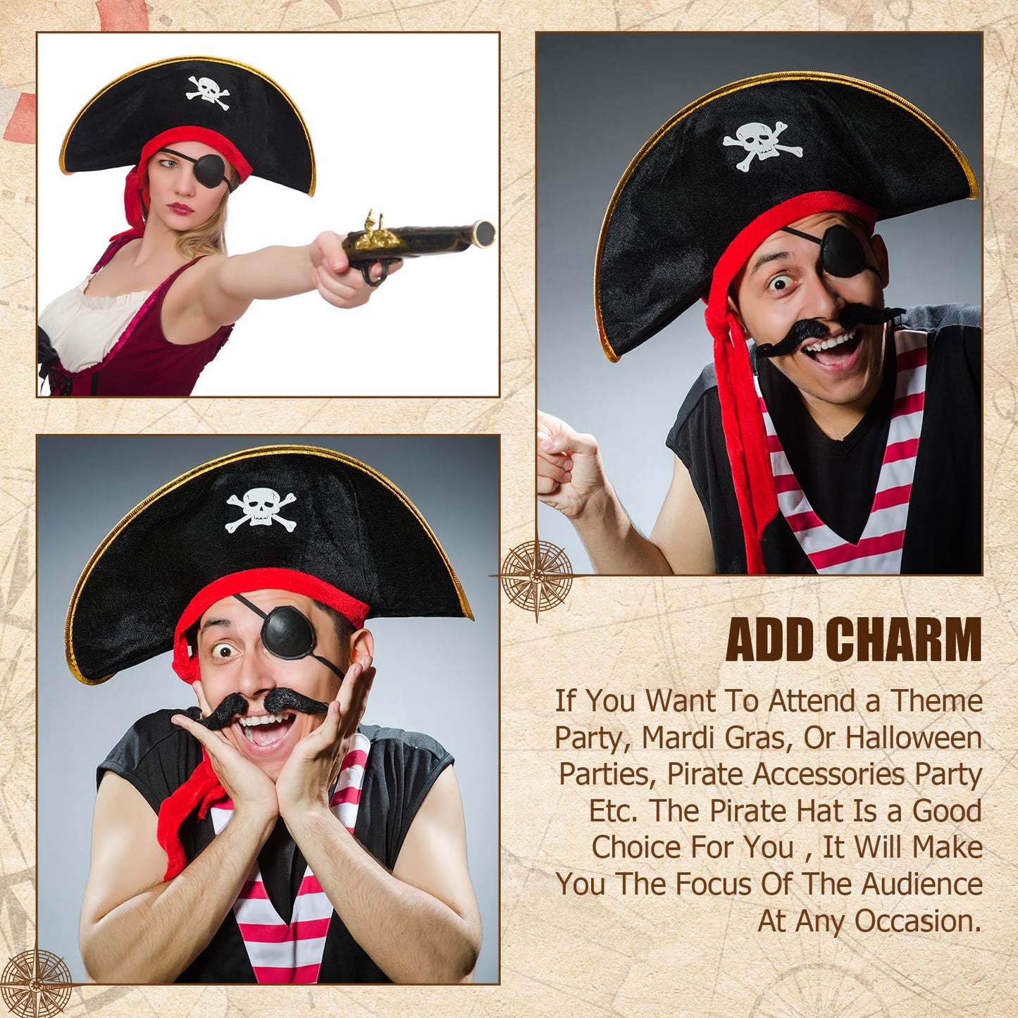 Hsei 4 Pcs Pirate Hat Pirate Accesseries Hats for Adult Captain Caps with Skull Print for Masquerade Cosplay, Funny Party Supplies
