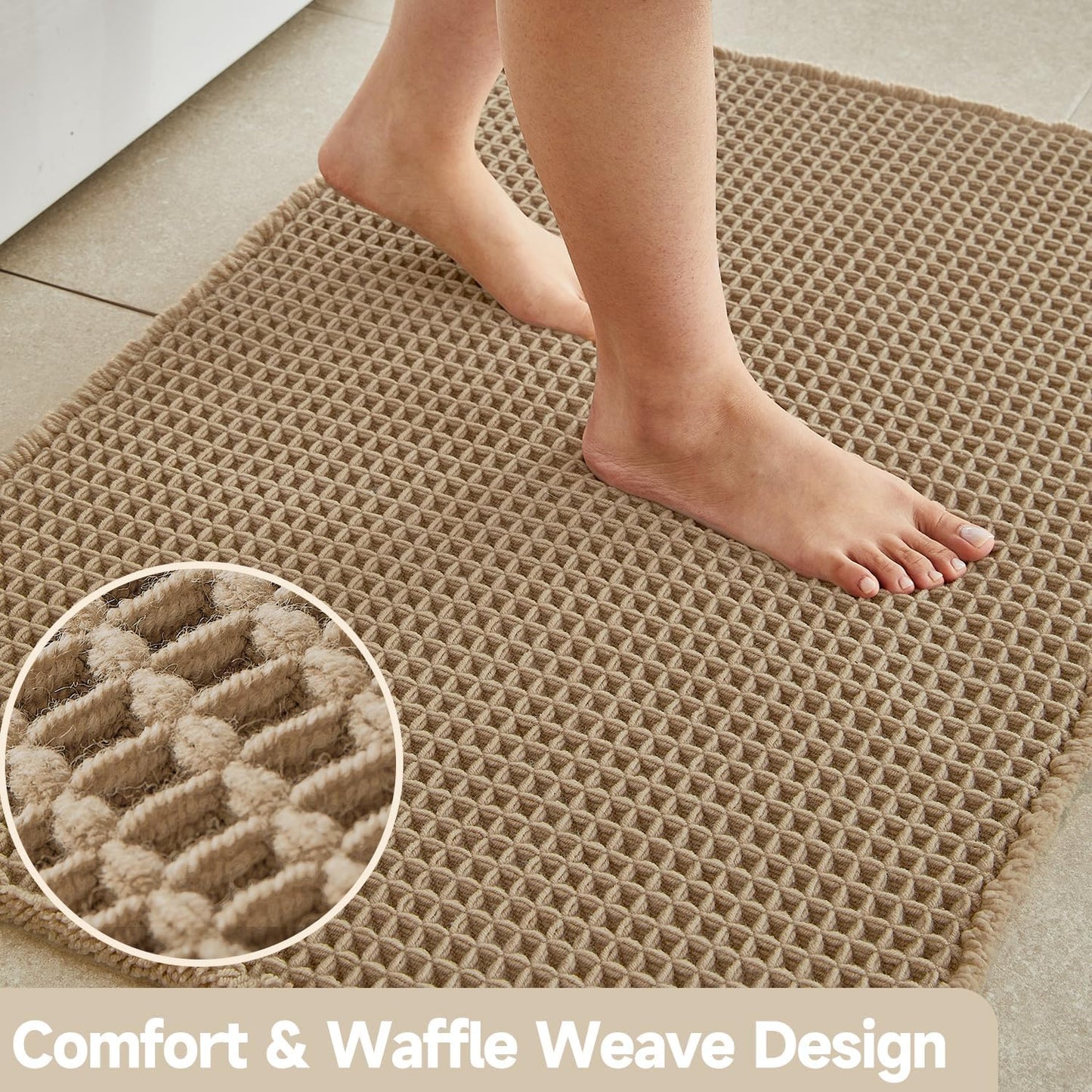 Waffle Bath Mat, Boho Bathroom Rugs Non Slip Washable Super Absorbent Quick Dry Farmhouse Bathroom Decor, 24"x16" / 1'4" x 2' Khaki