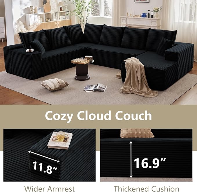 Cloud Sectional Couch with L-Shape Chaise, Modern Modular Comfy Sofa with Deep Seat, Upholstered Corduroy Couches Stupendous U Shaped Sofas for Living Room Bedroom, No Assembly Required, Black
