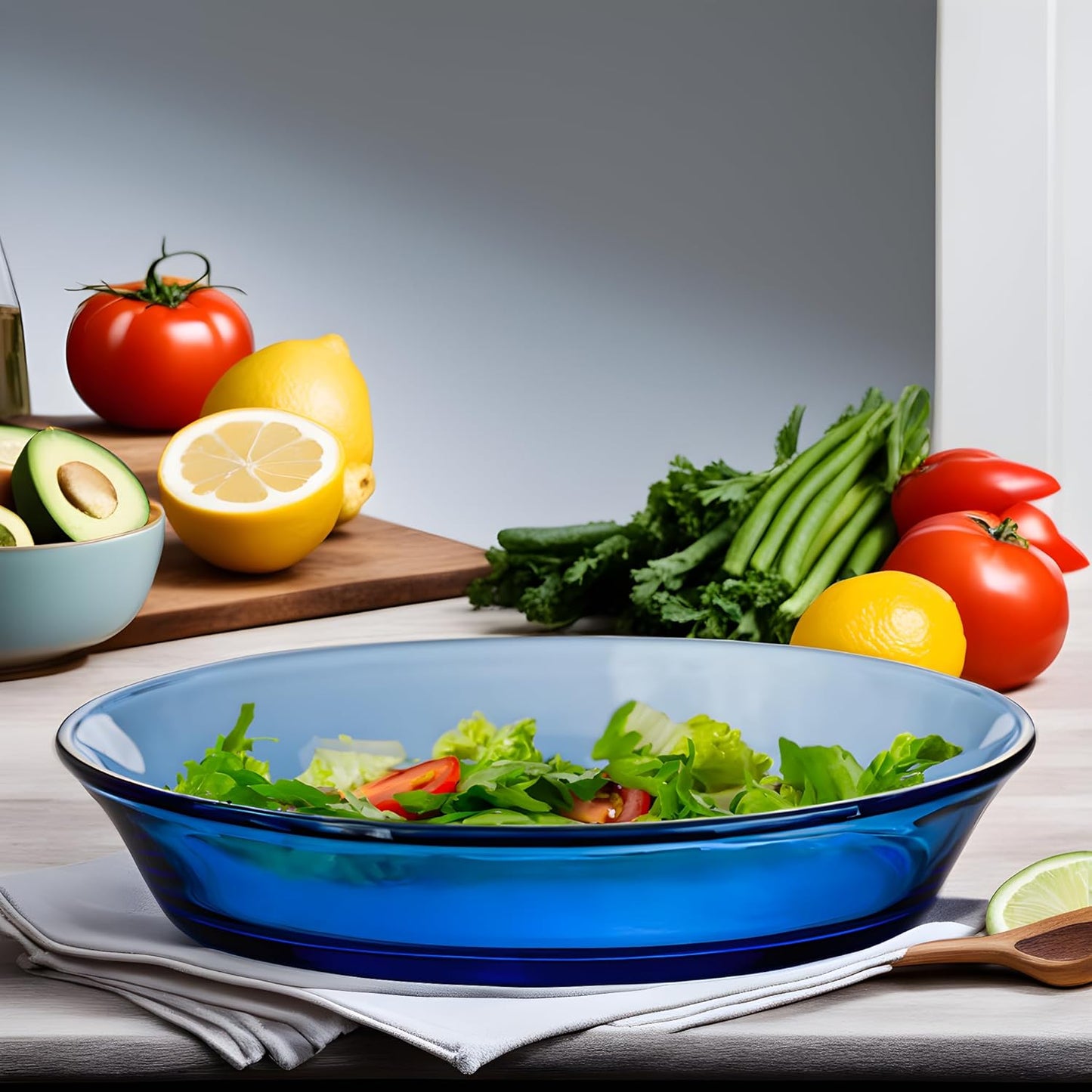 STP GOODS Glass Soup and Salad Bowl with Handles, Cobalt Transparent Glass Eating Plates, Circular Dinnerware for Salad, Bread, Dinner (Blue Bowl, Set of 4)
