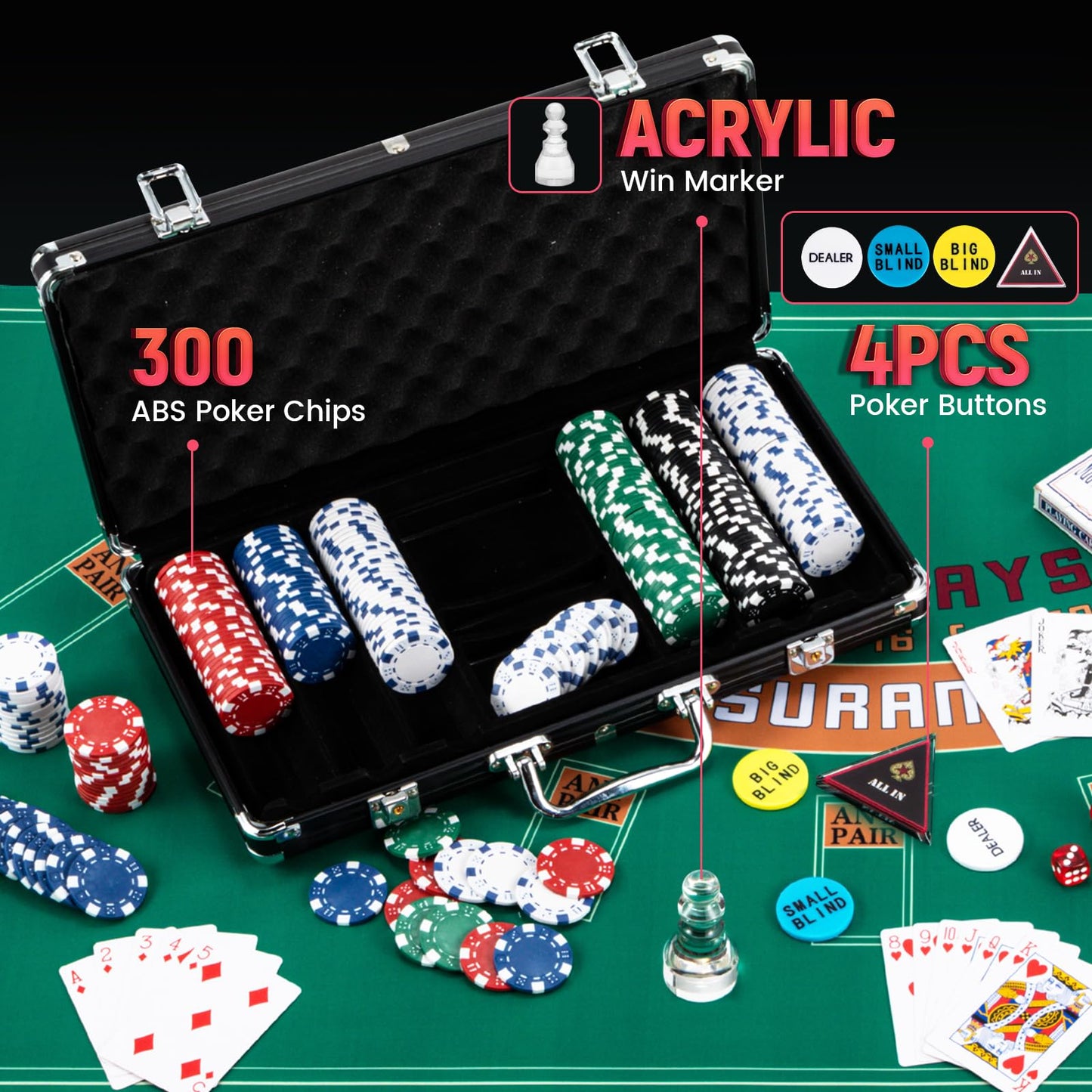 Proshine Super 11” Roulette Wheel set & Blackjack Set with 300pcs Poker Chips + 47.2*23.6” Double-sided Roulette Tabletop + 2 Decks of Playing Cards + 6 Dice + 4 Casino Buttons + Roulette Win Marker