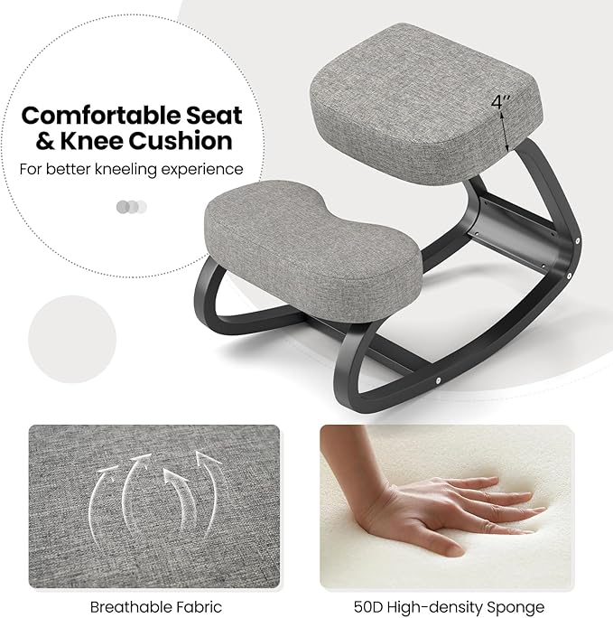 Goplus Ergonomic Kneeling Chair, Rocking Upright Posture Chair with Soft Seat & Knee Pads, Wooden Backless Knee Chair Relieves Neck Back Pain for Home Office Study, Gray and Black