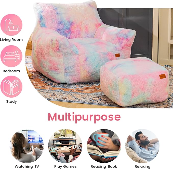Cvortll Bean Bag Chair, Sherpa Accent Beanbag Chair and Ottoman Set, Fur Faux BeanBag Chair with Memory Foam Filled, Lazy Sofa Comfy Cozy BeanBag Chair for Dorm, Apartment, Living Room (Colorful)
