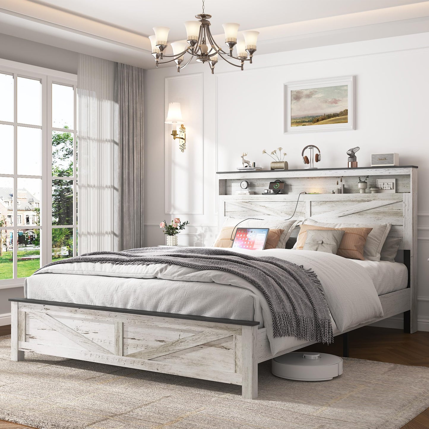 madeslves Farmhouse Wooden Bed Frame Full Size with Storage Headboard, Boho Platform Bedframe with LED Lights and Charging Station, Metal Slats Support, No Box Spring Needed, White