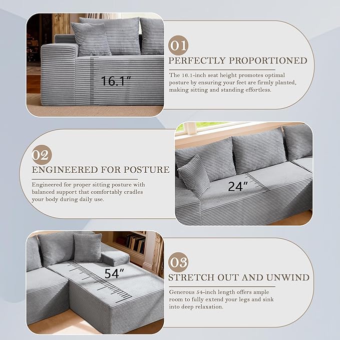 105’’ L-Shape Modular Sectional Sofa with Chaise, Convertible Cloud Couch, Corduroy Fabric & High-Density Memory Foam, No Assembly Required for Living Room (Grey, Right Facing Chaise)