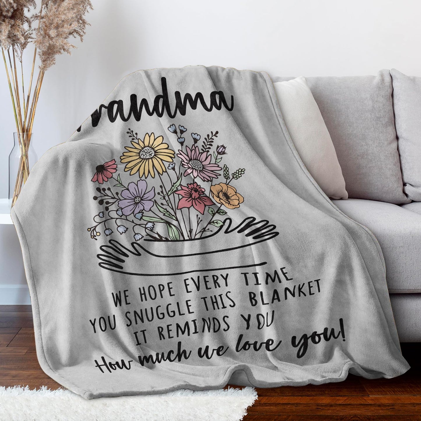 Afterprints Gifts for Grandma Blanket, Grandma Birthday Gifts from Grandkids, Best Grandmother Gift on Grandparents Day, Christmas, Hug Floral Throw Blankets 50'' x 60''