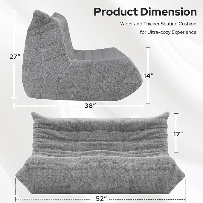HABUTWAY Bean Bag Chairs Fireside Lazy Floor Sofa, Soft Teddy Fleece 2 Seater Sofa with High-Resilience Foam Filling，Beanbag for Living Room, Bedroom, Office (Light Gray Teddy)