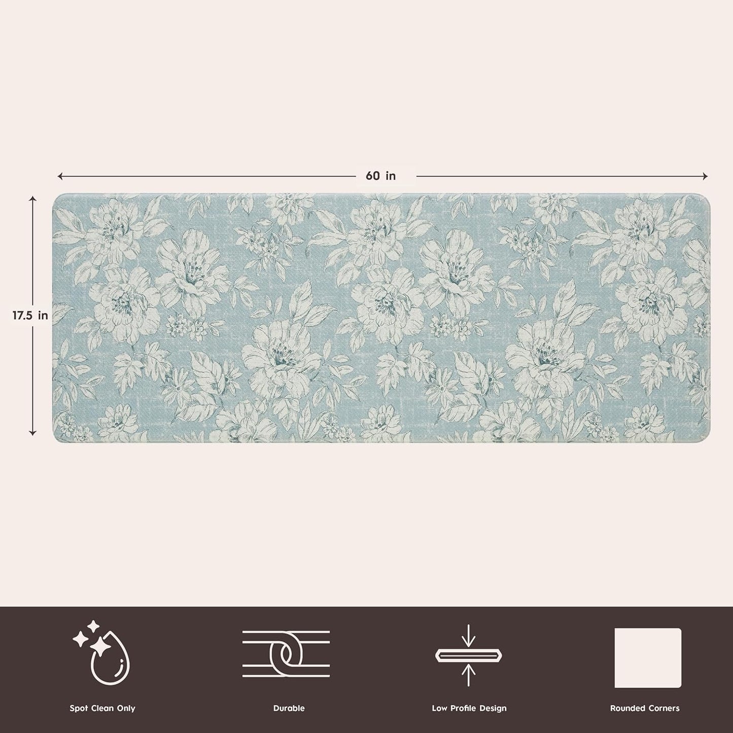 Laura Ashley - Anti-Fatigue Kitchen Mat, Iris Floral Design, Stain, Water & Fade Resistant, Cooking & Standing Relief, Non-Slip Backing, Measures 17.5" x 60", Light Blue