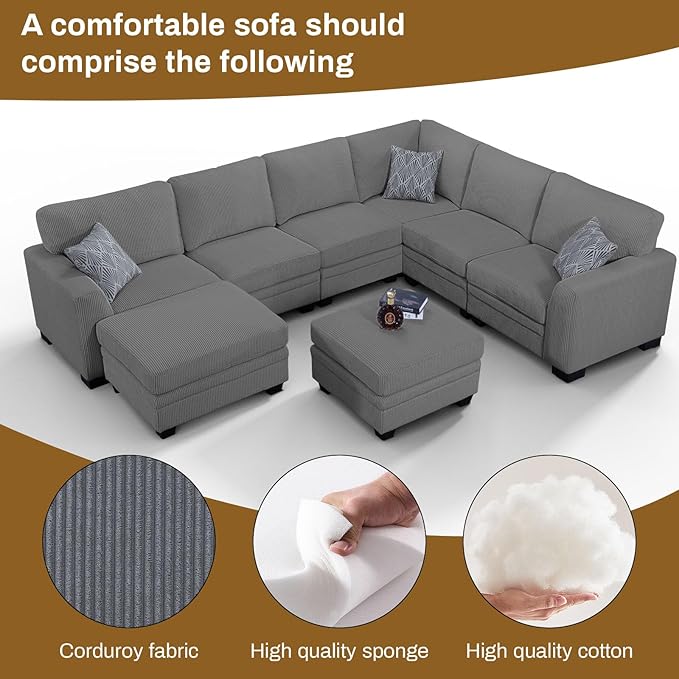 Legend Vansen Oversized Modular Sectional Sofa,8 Seat U Shaped Couch with Ottoman,Corduroy Sofa with Deep Seat,Convertible Large Sectional Couches for Living Room (Grey, U-8)