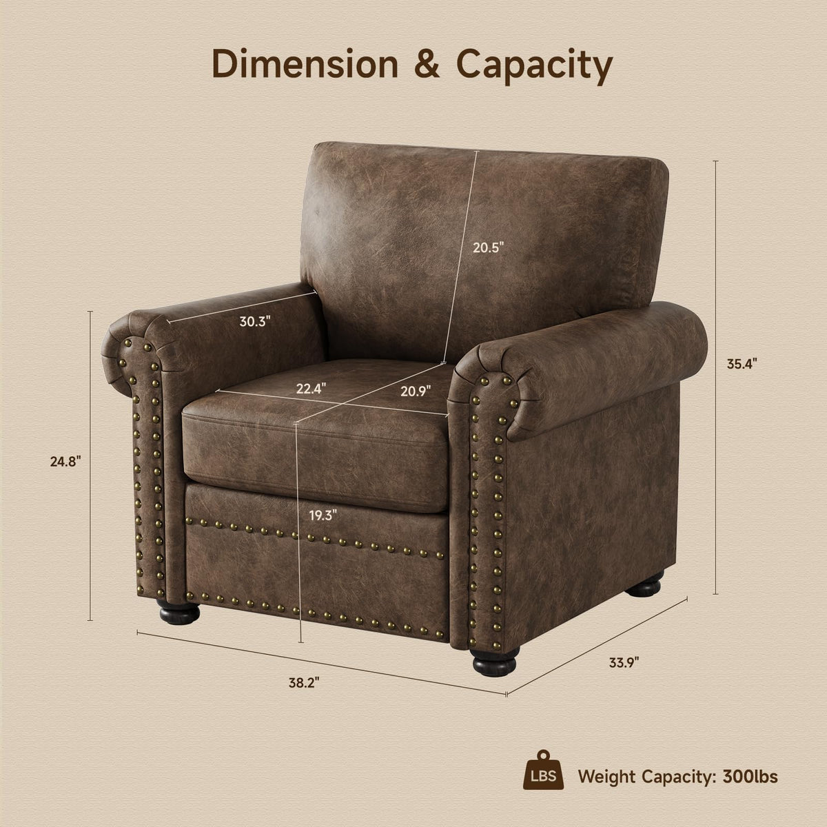 ONBRILL Faux Leather Accent Chair, Nailhead Trim Armchair for Living Room, Rolled Arms Single Sofa Chair, Springs Cushions, Solid Wood Legs, Comfy Upholstered Club Chair for Bedroom, Apartment, Brown