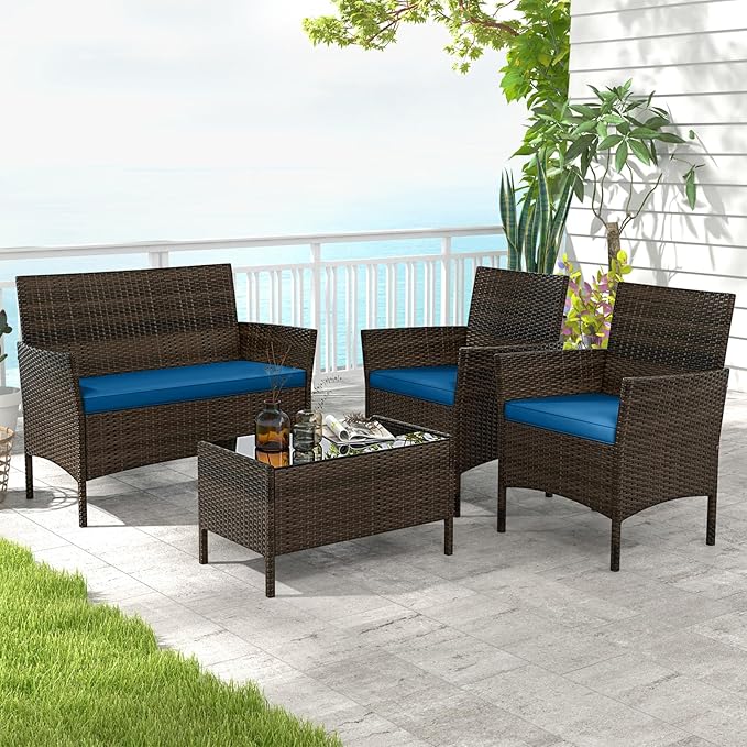 HAPPYGRILL 4 Pieces Outdoor Rattan Conversation Set, Patio Wicker Furniture Set with Loveseat Chairs & Tempered Glass Coffee Table, Outside Sectional Sofa Set for Backyard Garden Poolside, Blue