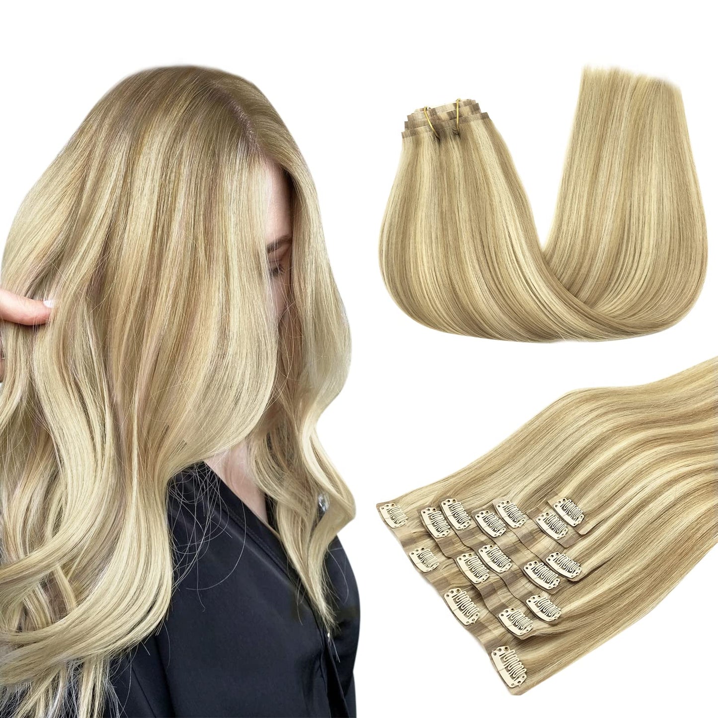 MAXITA Clip in Human Hair Extensions, 110g 7pcs Light Blonde Highlighted Golden Blonde 18 Inch Straight Hair