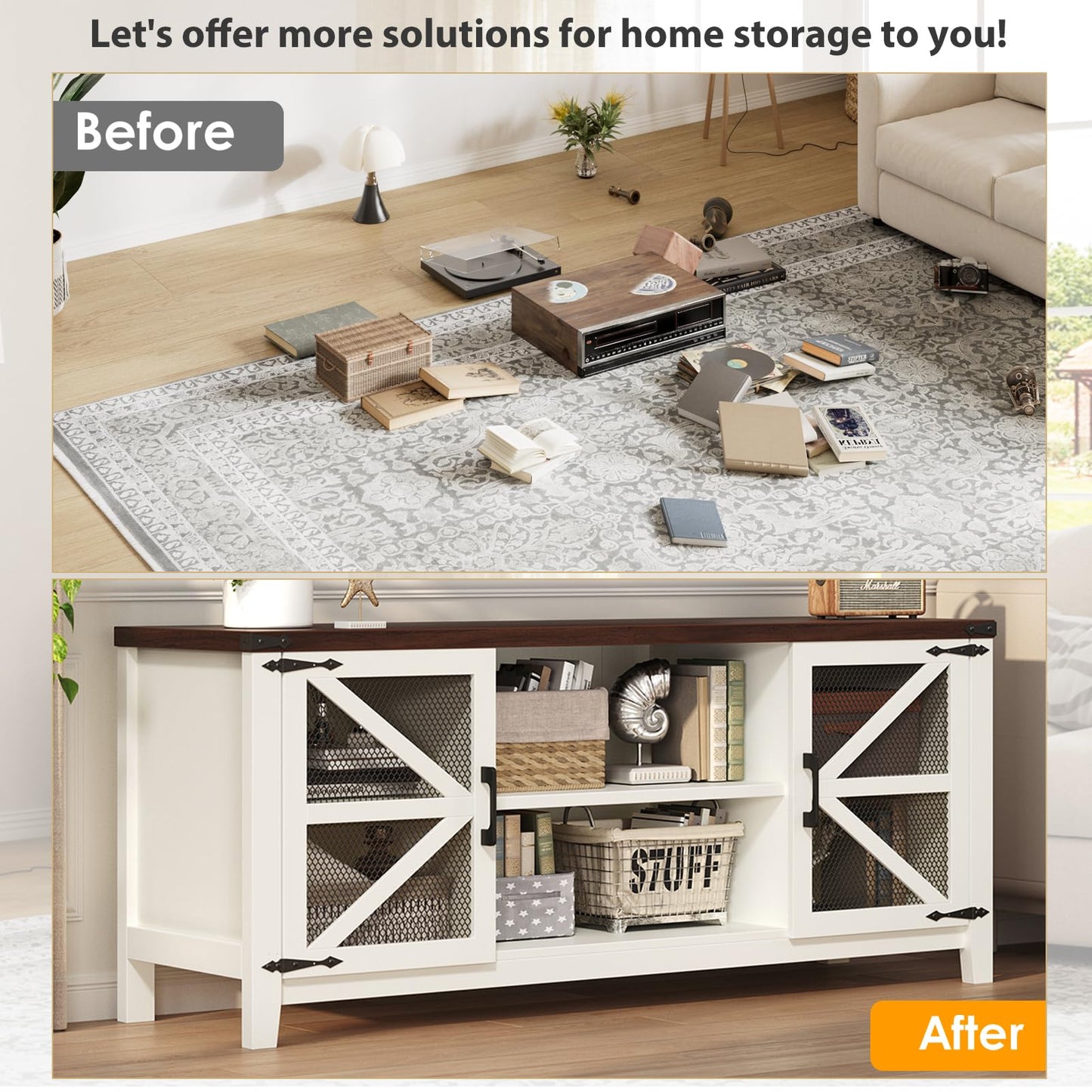 Jocoevol Tv Stand for 55 65 Inch Tv, Farmhouse Entertainment Center Tv Console with Storage & Adjustable Shelves & Mesh Door for Living Room, Bedroom, White