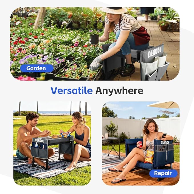 Dekool Garden Kneeler and Seat with Upgraded Wide & 3" Thick Kneeling Pad, Heavy Duty Garden Stool with 2 Large Tool Bags, Portable Bench for Weeding, Gardening Gifts for Women, Men, Seniors, Grey