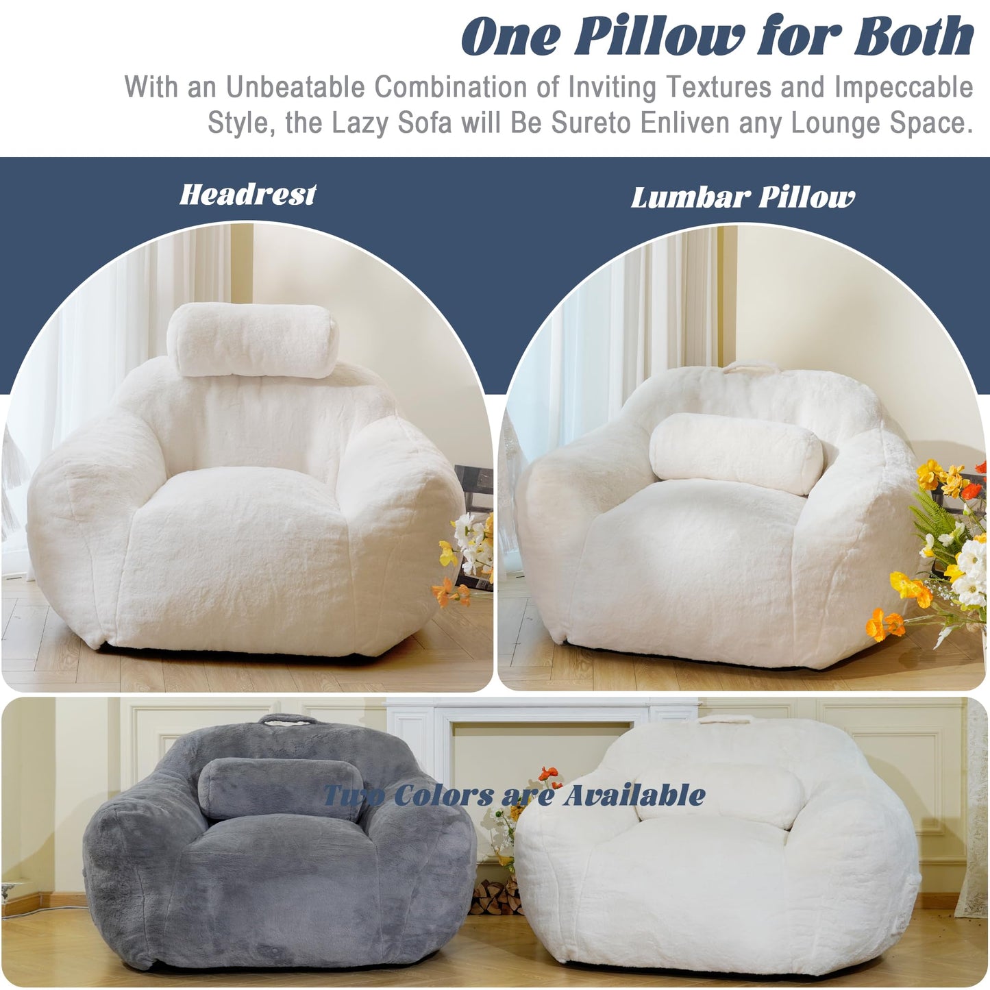 LFCREATOR Large Bean Bag Chairs for Adults, Faux Fur Fabric Giant Bean Bag Chair with Pillow, Soft Bean Bag Sofa Chair with Ergonomic Support, Beige Plush Lazy Sofa, White