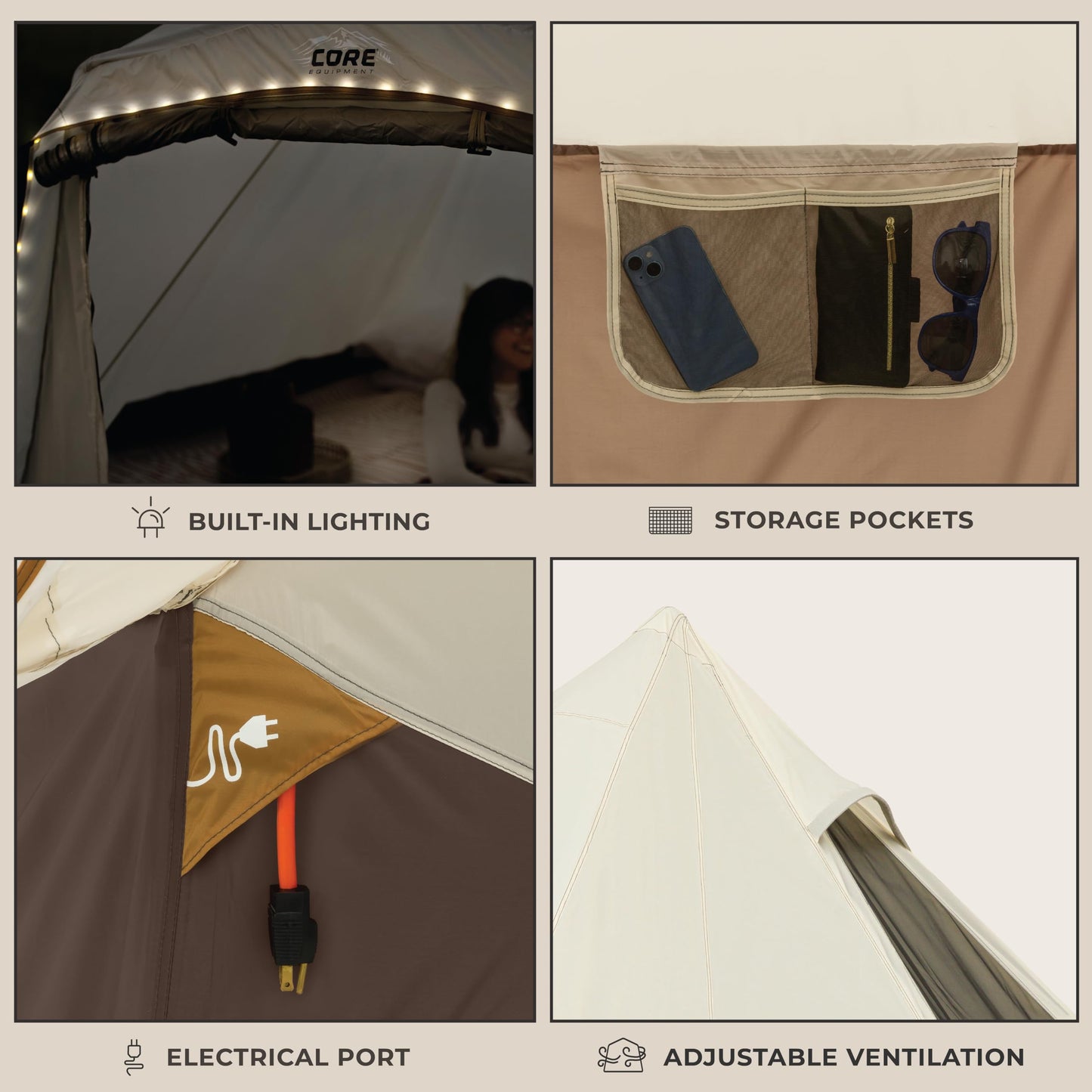 CORE 6 Person Bell Tent with LED Lights | Spacious Family Lighted Tent with Carry Bag for Camping, Glamping, and Backyard Adventures