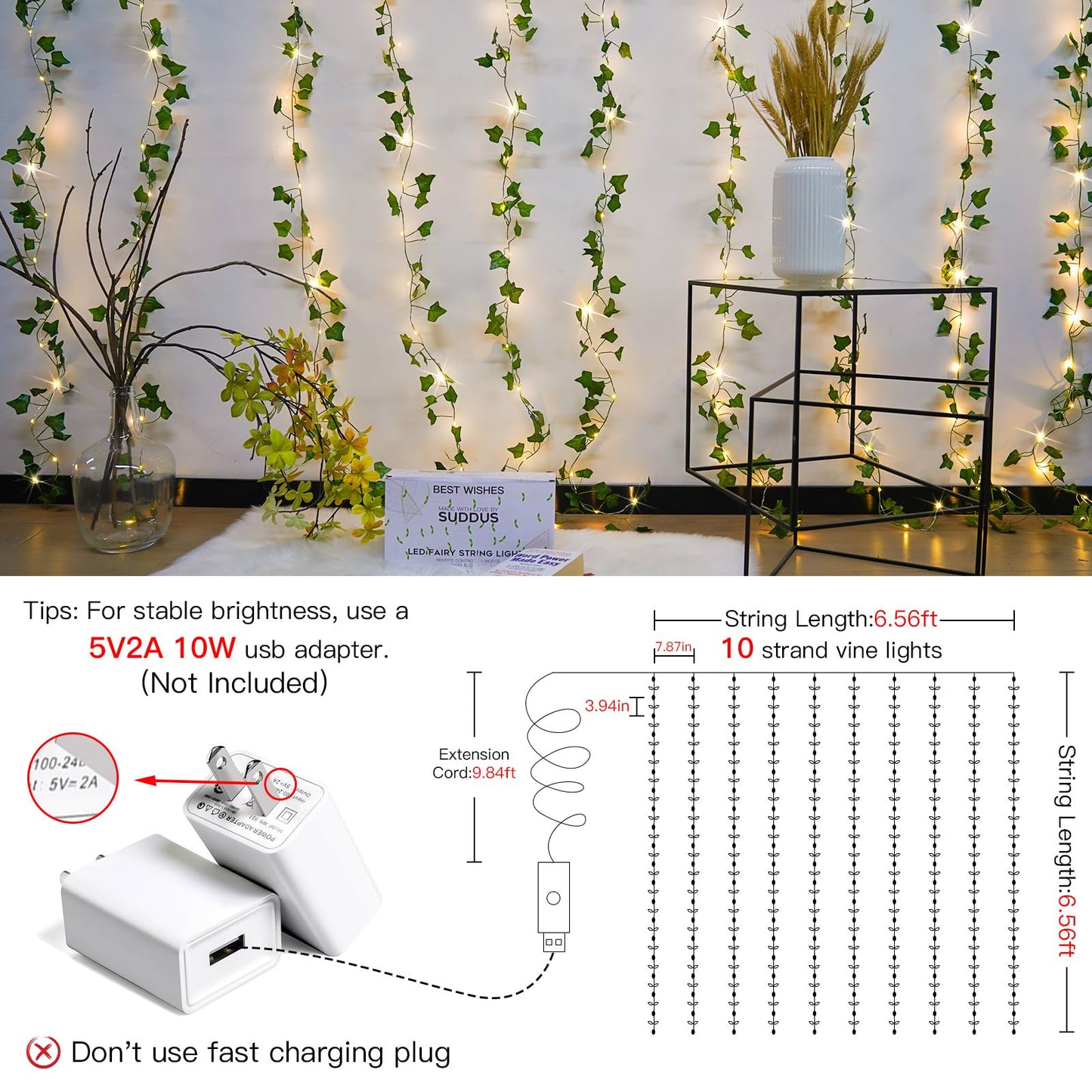 suddus Vines with Light for Bedroom, 200 LED Fairy Lights with Vines, Ivy Curtain Lights for Dorm, Wedding, Party, Wall, Indoor, Outdoor Decor, 6.5ft x 6.5ft