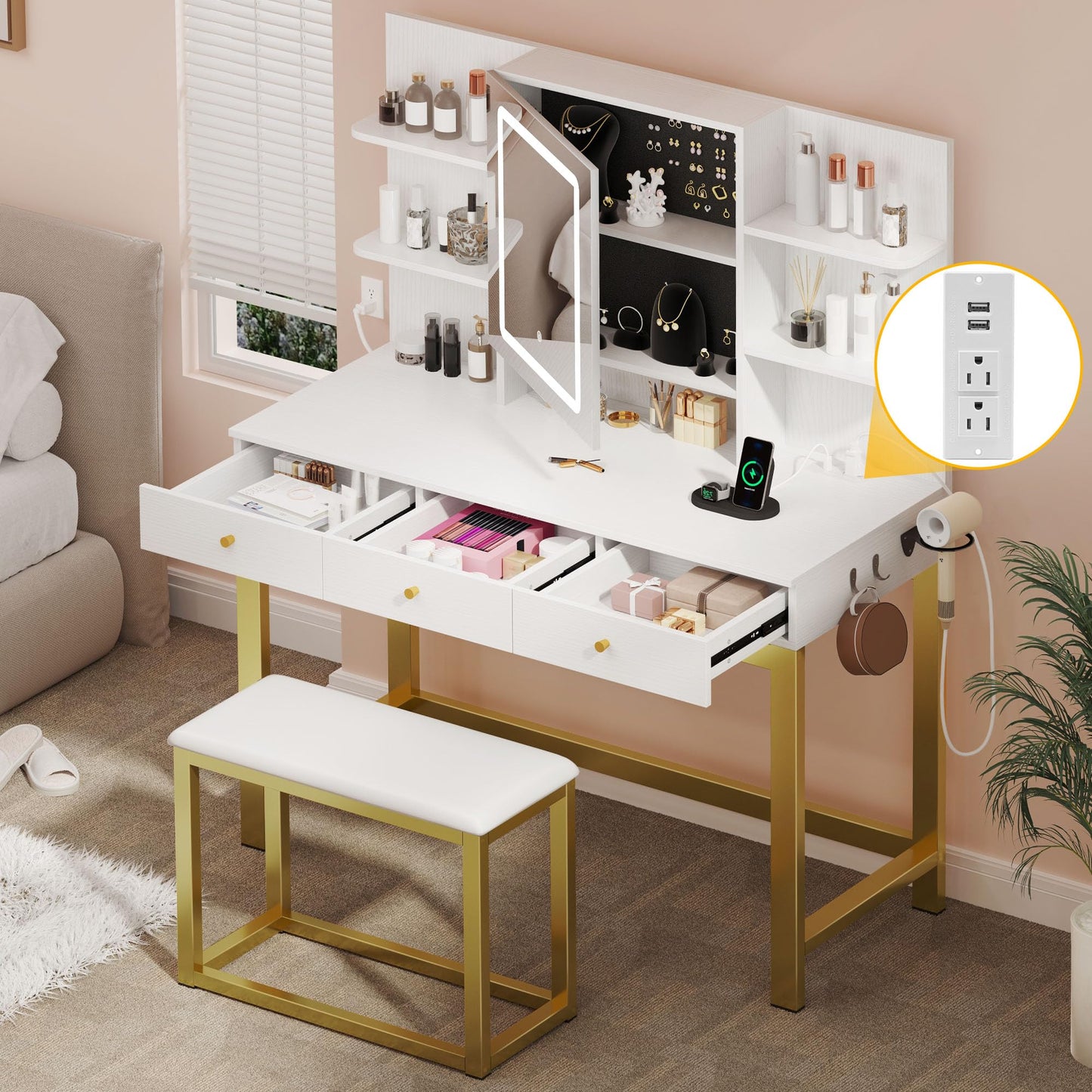 DWVO Vanity Desk with Lights, LED Mirror and Power Outlet, Adjustable 3 Color Lights Modes, Dressing Table with Chair, Makeup Table Set with Hidden Storage Shelves, 3 Drawers, Upgraded, White