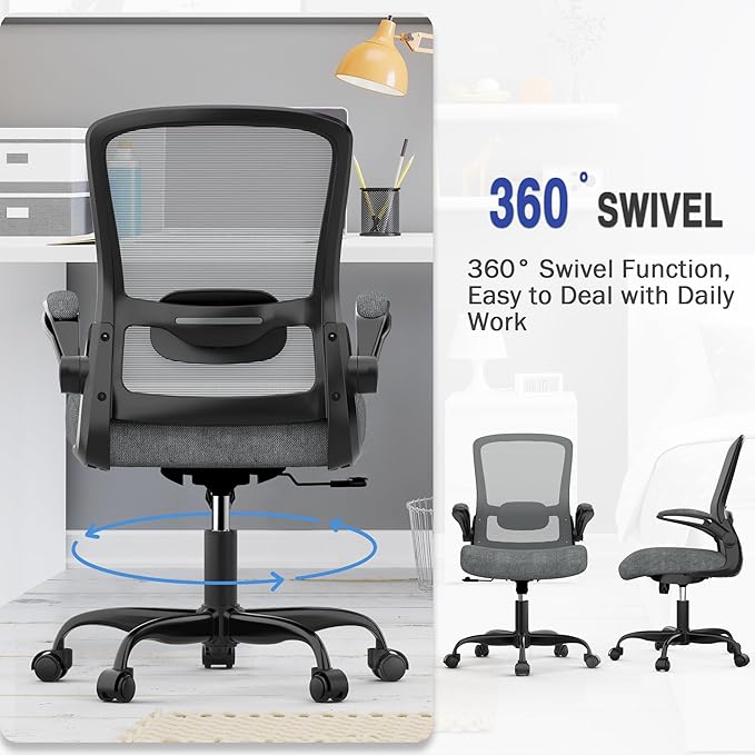 Mimoglad Ergonomic Office Chair - BIFMA Certified, Flip-up Armrests & 135° Recline, Adjustable Lumbar Support - Space-Saving Task Chair for Business/Team Office & Home (Iron Gray, 300lbs)