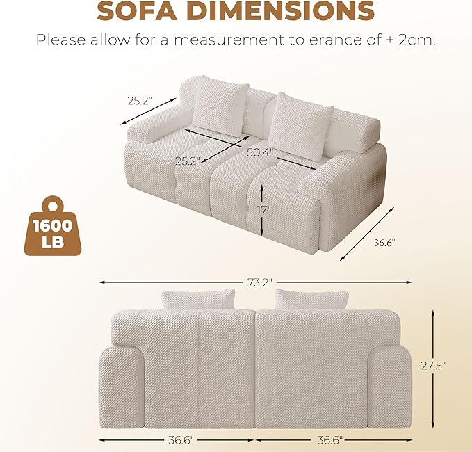 73" Modern Modular Sectional Sofa, 2 Seater Convertible Chenille Cloud Couch Sofa Set, Boneless Couches for Living Room with Ottoman, No Assembly Required, White