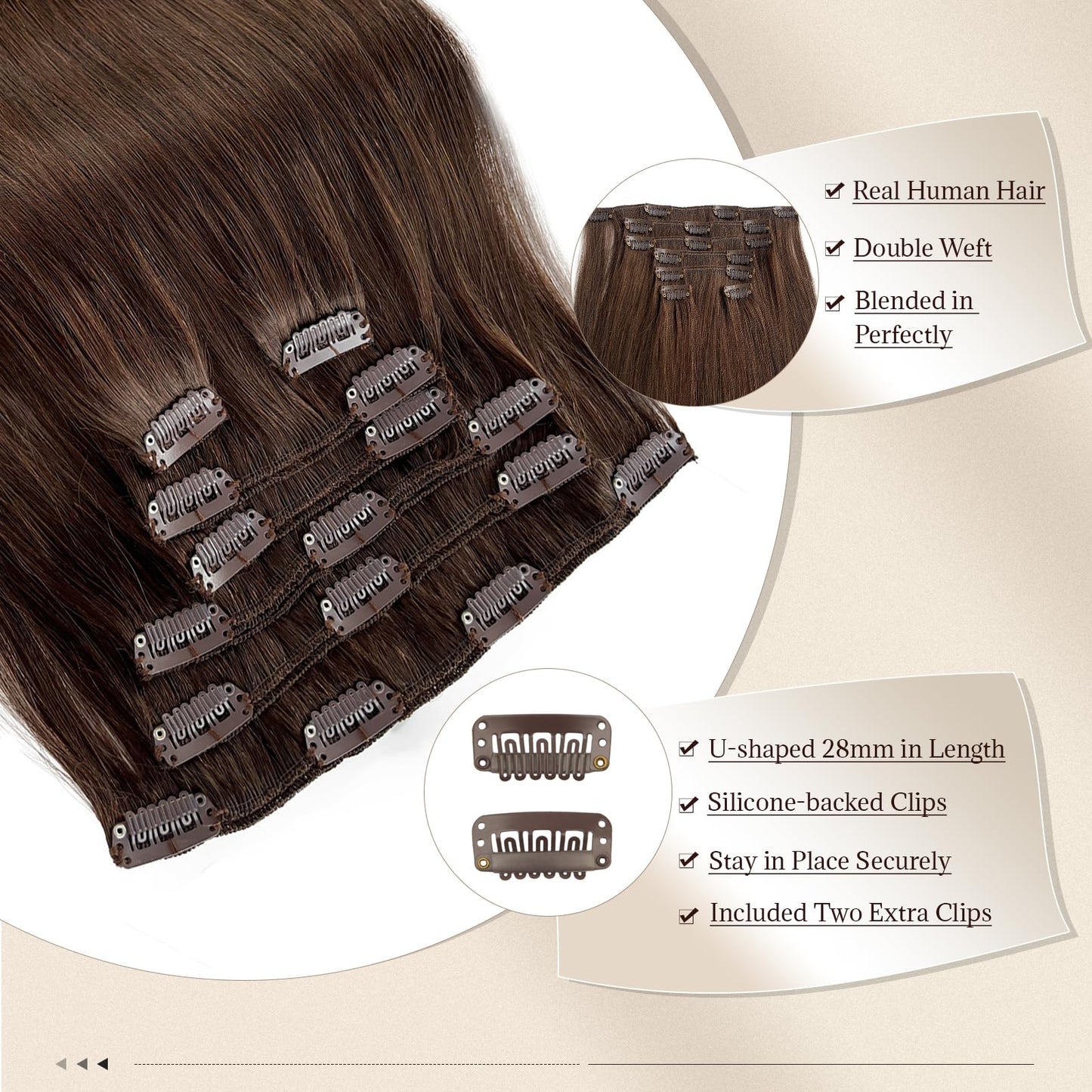 Dark Brown Clip in Hair Extensions Real Human Hair 18 Inch Invisible Straight Clip in Human Hair Extensions for Women Double Wef