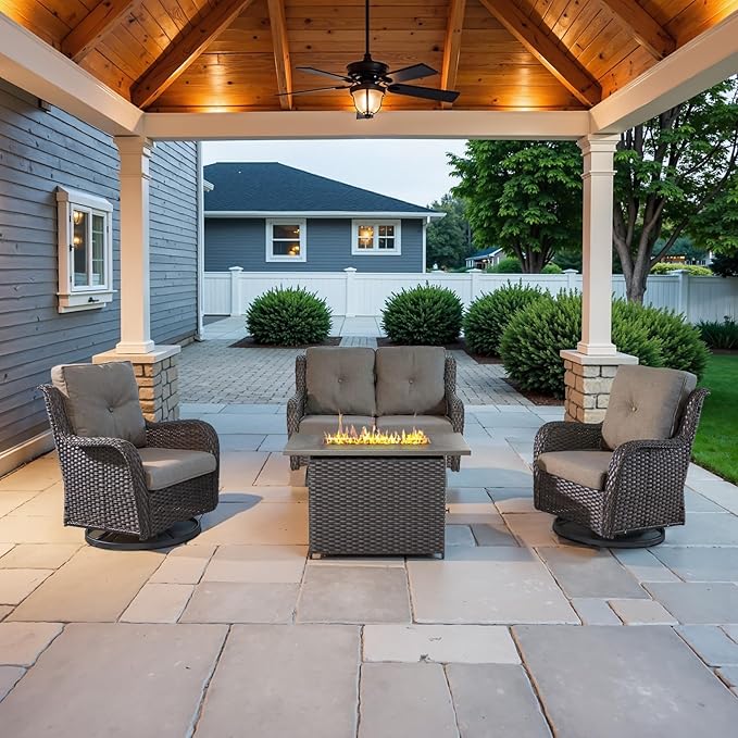 Belord 4 Piece Patio Furniture Set with Fire Pit Table - 41inch 50000 BTU Propane Fire Pit Table with High Back Loveseat Glider Chair and 2 Swivel Rocker Chair for Casual Gathering