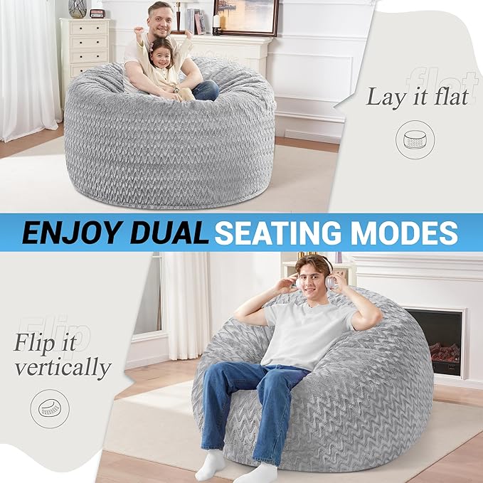 4FT Bean Bag Chair,Giant Bean Bag Chairs for Adults,Big Bean Bags with Memory Foam Filled, Large Beanbag Chairs with Chevron Plush Cover-Light Grey