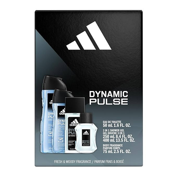 adidas Dynamic Pulse Aftershave Giftset - 1.6 fl oz EDT + 2.5 fl oz + 8.4 fl oz + 13.5 fl oz Shower Gel, Notes of Mint, Apple, and Wood, Men's Fragrance, Long Lasting, Sporty