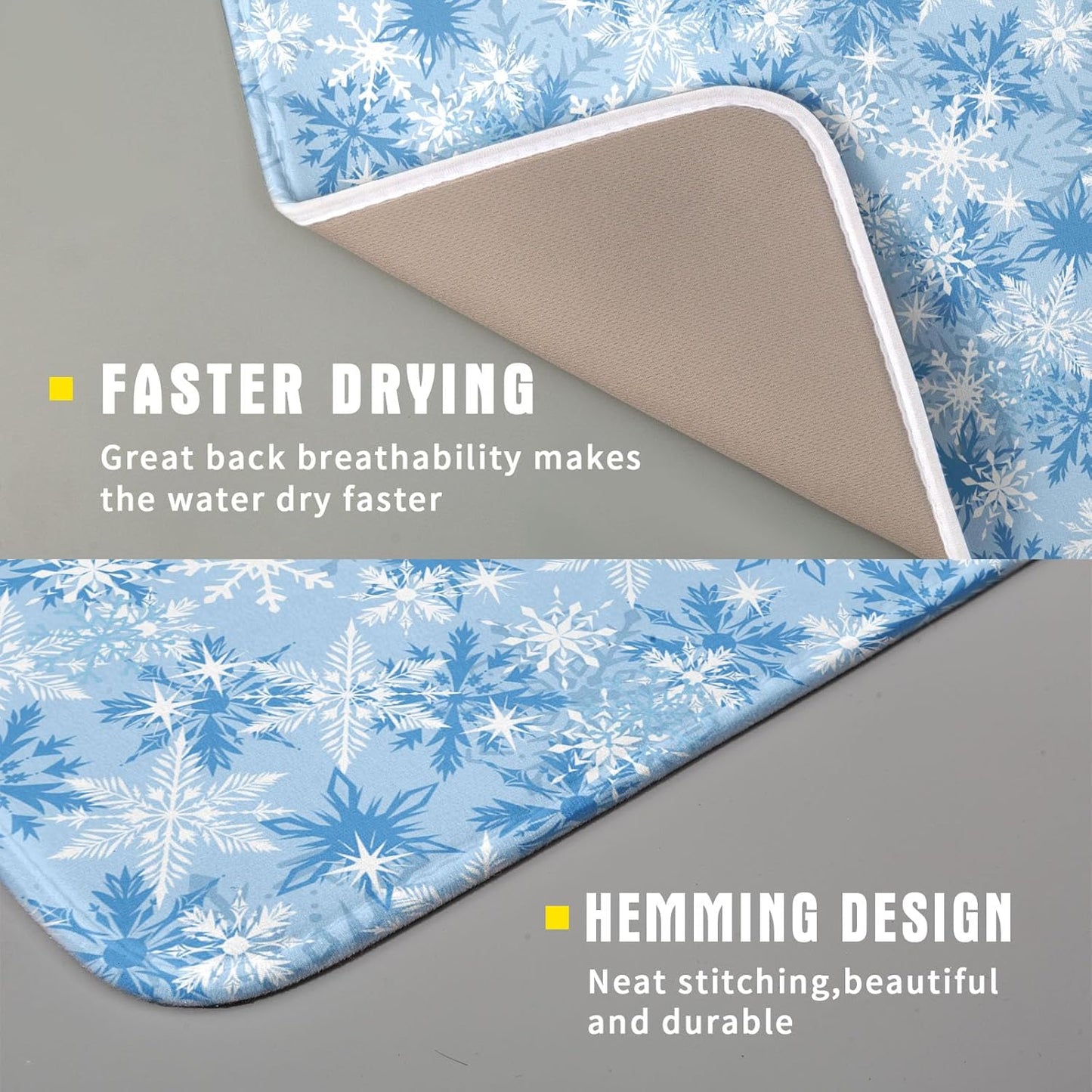 Winter Snowflake Dish Drying Mat for Kitchen Counter Blue White Christmas Snowflake Drying Mat 16x18 Inch Xmas Holiday Absorbent Dish Drainer Mat Christmas Kitchen Accessories