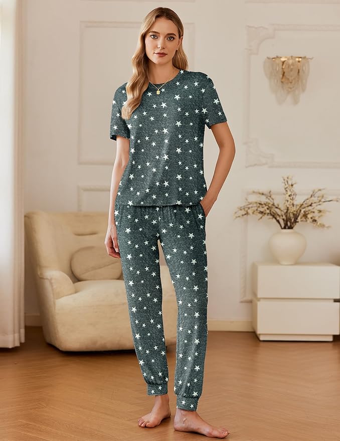 Ekouaer Pajamas for Women Set 2 Pack Lounge Set Short Sleeve Pjs Joggers Long Pants Loungepwear with Pockets