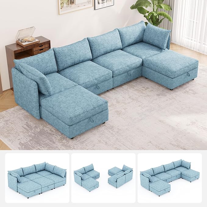 FIRLZY Oversized Modular Sofa with Removable Covers and Storage, Convertible U, L-Shaped and Sleeper Sectional, Modern Sectional Couch with Ottoman Chaise for Living Room, Blue Textured, 6 Seat Sofa