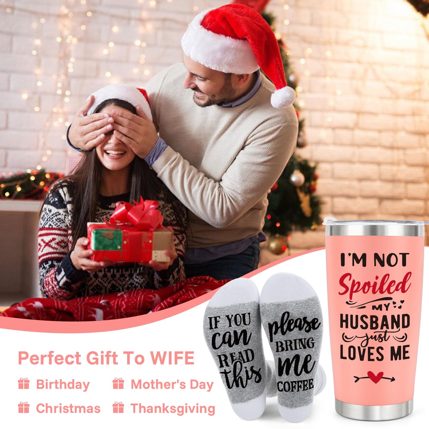 Gifts for Wife Birthday Christmas Wife Gifts from Husband, Wedding Anniversary Women Gift for Wife, Xmas Best Wife Ever Gift, Romantic Present for Wife 20oz Pink Tumbler Cup ＆ Socks Set