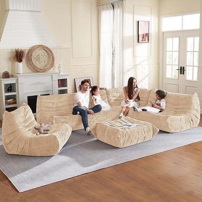 HABUTWAY Bean Bag Chair, Memory Foam Bean Bag Chairs for Adults, Fireside Corner Chair Lazy Floor Corner Sofa for Living Room, Bedroom, Dorm, Office (Khaki)