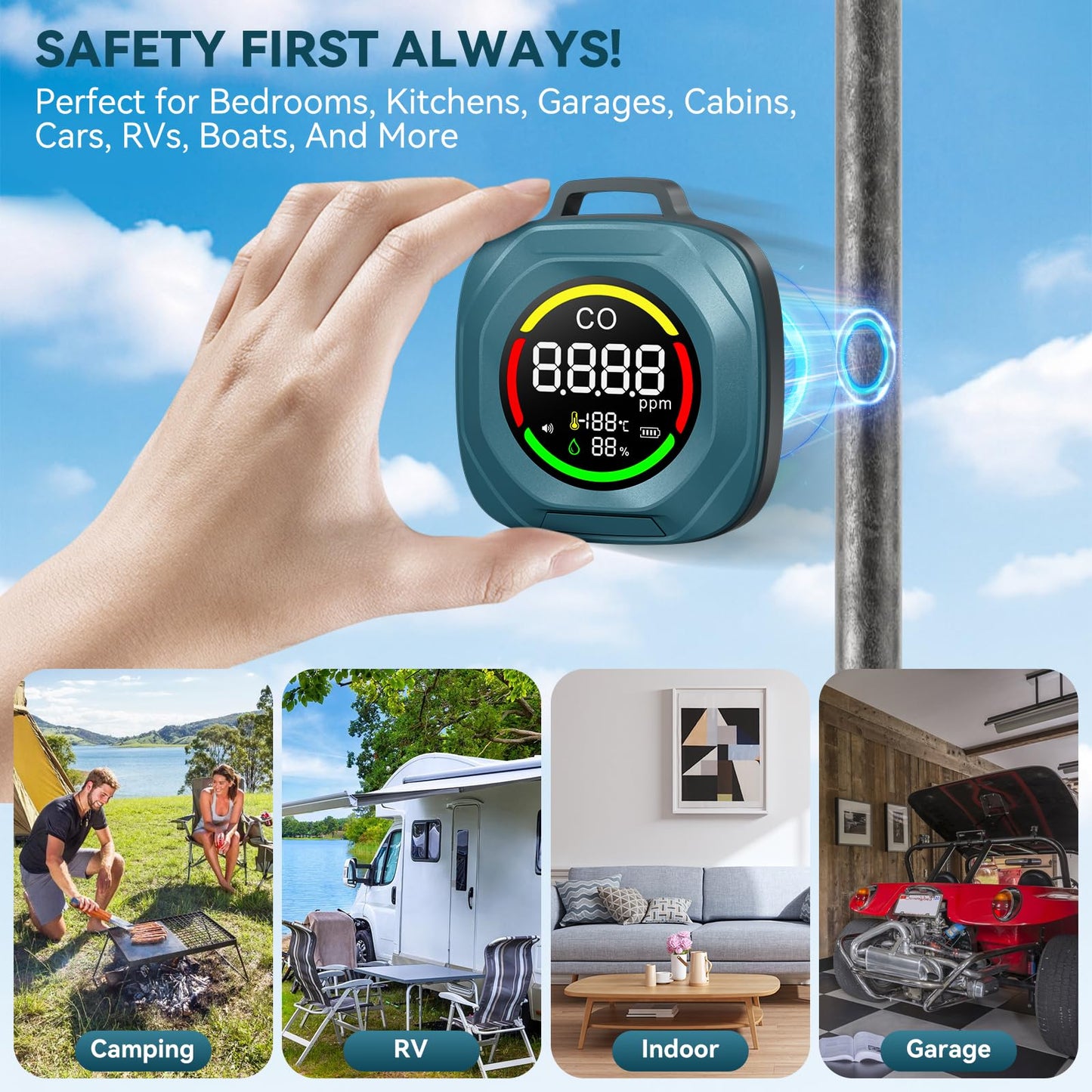 Portable 3-in-1 Carbon Monoxide Detectors - Rechargeable CO Monitor with Alarm, Temperature & Humidity Detection, Magnetic Back, 200H Standby, Custom Thresholds for RV, Car, Camping & Travel-Blue