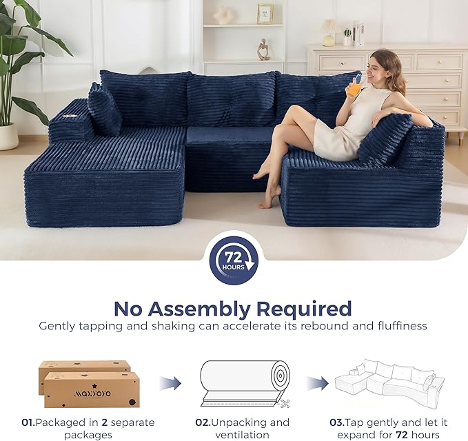 MAXYOYO 132" Oversize Modular Sectional Couch with L-Shape Chaise, Modern Boneless Couch for Living Room, Sofa in A Box, Oversized Sofa Sleeper with Deep Seat, No Assembly Required, Navy