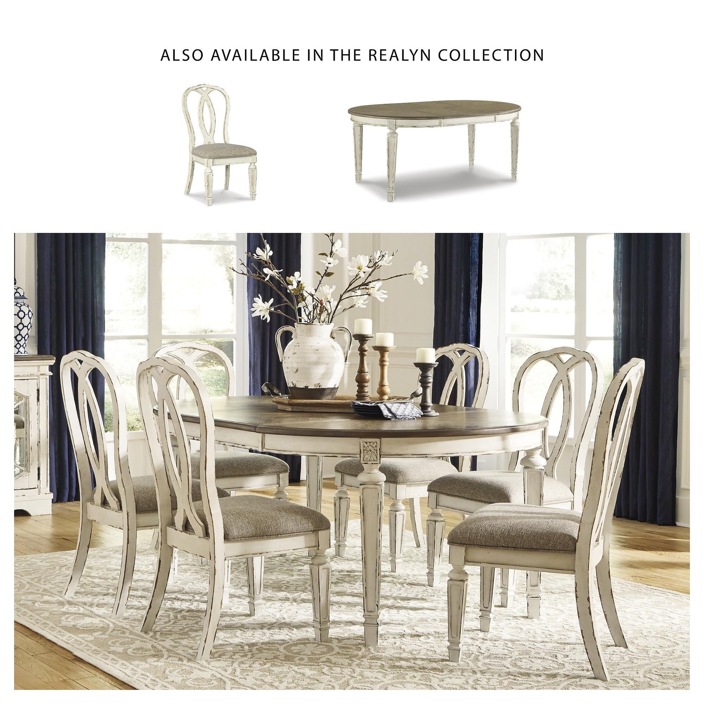 Signature Design by Ashley Realyn French Country Ribbon Back Dining Chair, 2 Count, Chipped White